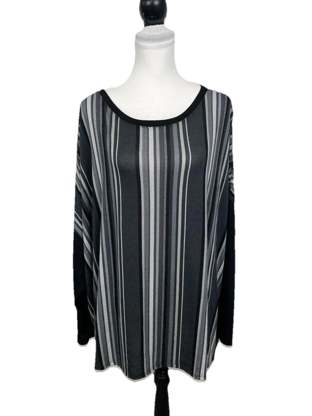 Ruby Rd Blouse Plus Size 2X Striped Black Gray & White 3/4 Sleeve Tunic Top